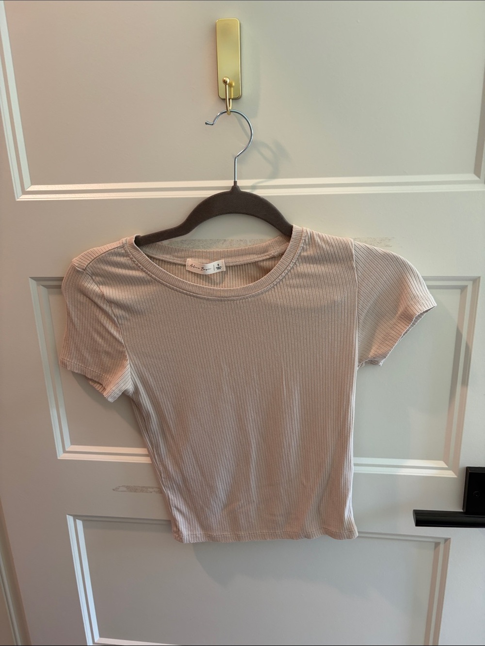 Ribbed Short Sleeve Crop Top - Beige
